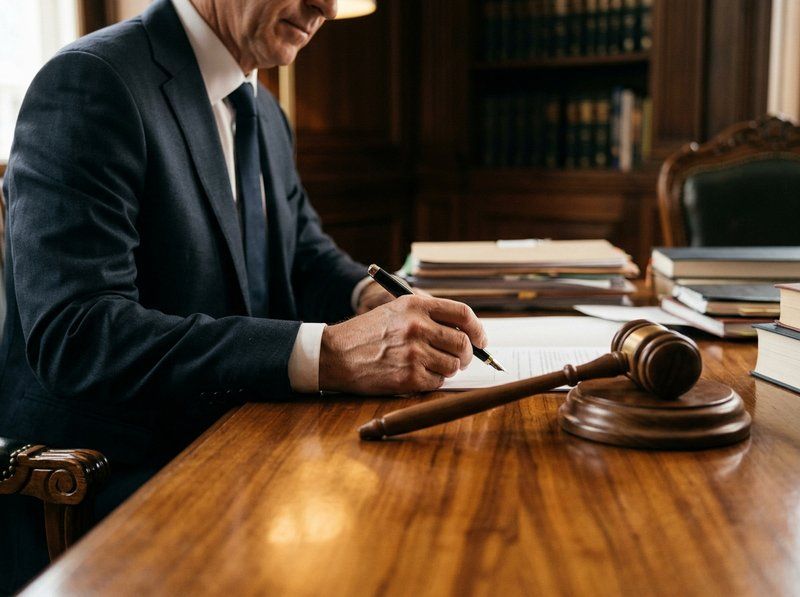 A lawyer writing beside a judge's gavel